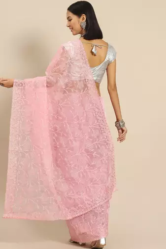 Pink pink floral embroidered organza saree