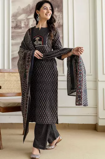 women ethnic motifs printed regular  cotton kurta with palazzos & with dupatta