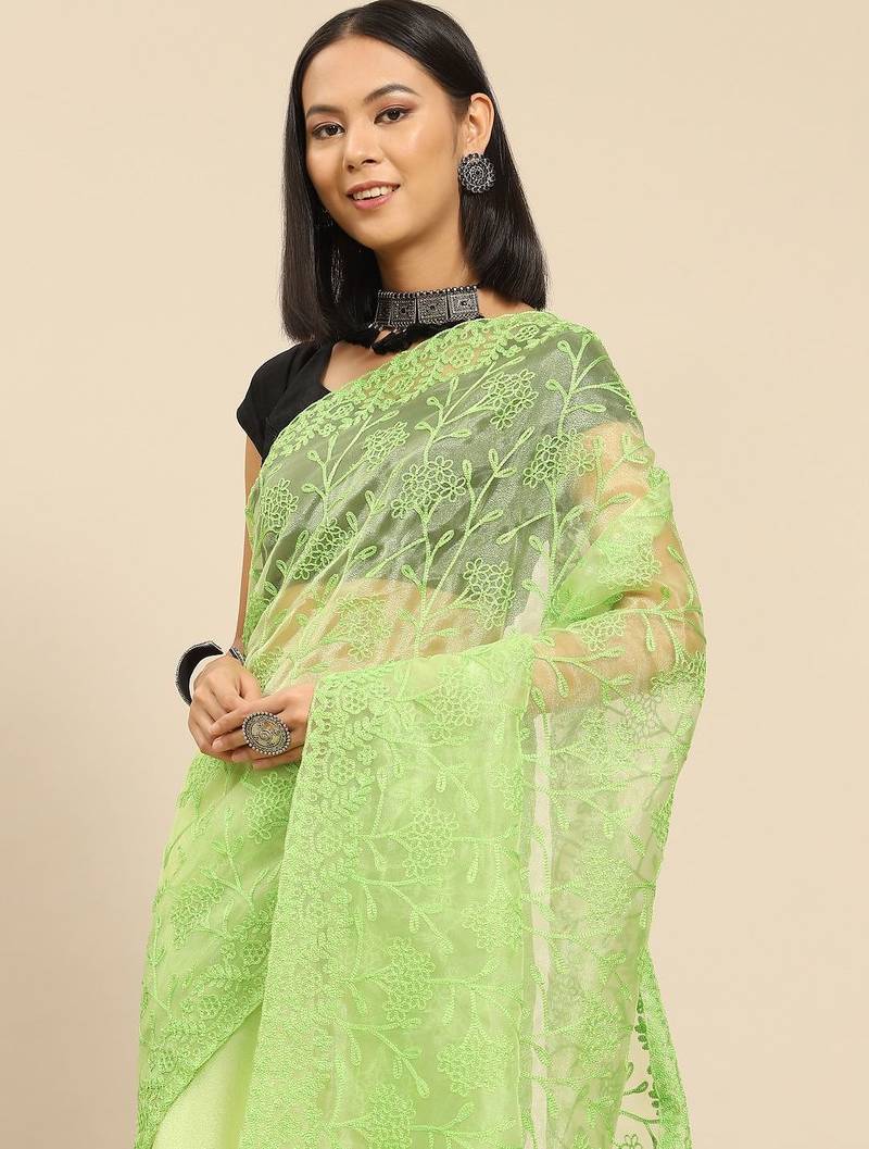 Green green floral embroidered organza saree
