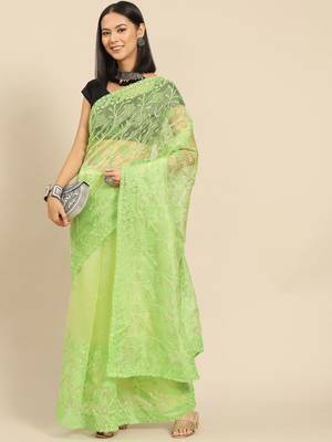 Green green floral embroidered organza saree 2