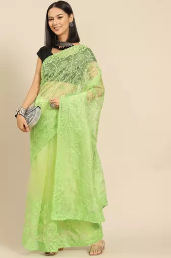 Green green floral embroidered organza saree