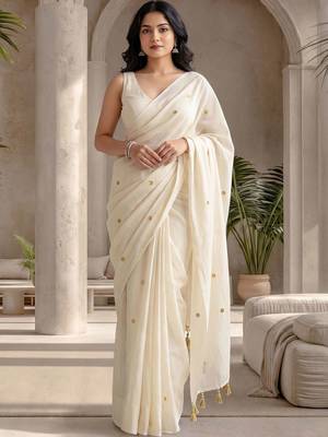Off white embellished sequinned  cotton designer khadi saree 1