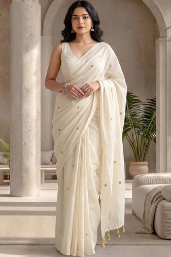 Off white embellished sequinned  cotton designer khadi saree
