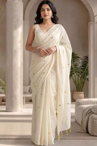 Off white embellished sequinned  cotton designer khadi saree
