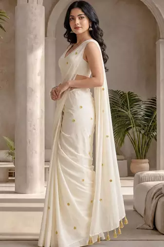 Off white embellished sequinned  cotton designer khadi saree