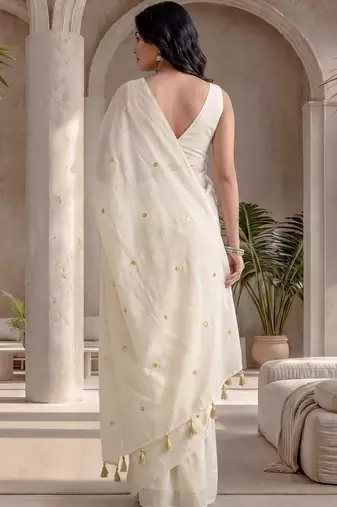 Off white embellished sequinned  cotton designer khadi saree