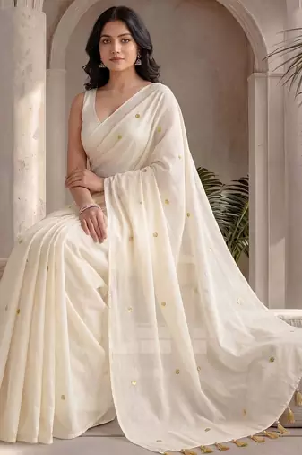 Off white embellished sequinned  cotton designer khadi saree