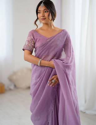 Lavender embellished beads and stones tissue saree with blouse piece 1