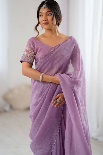 Lavender embellished beads and stones tissue saree with blouse piece