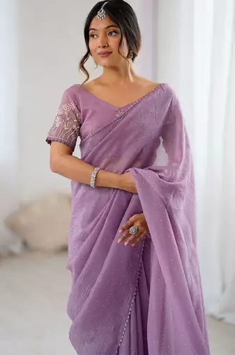 Lavender embellished beads and stones tissue saree with blouse piece