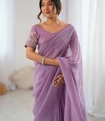 Lavender embellished beads and stones tissue saree with blouse piece