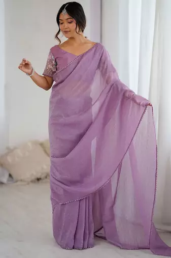 Lavender embellished beads and stones tissue saree with blouse piece