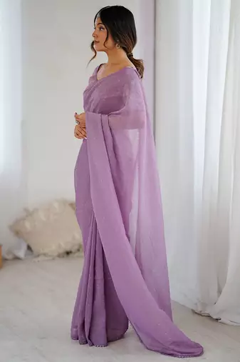 Lavender embellished beads and stones tissue saree with blouse piece