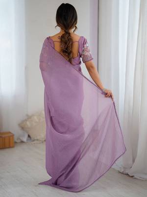 Lavender embellished beads and stones tissue saree with blouse piece 4