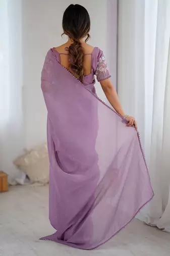Lavender embellished beads and stones tissue saree with blouse piece