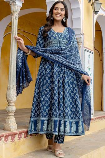 women ethnic motifs printed regular  cotton kurta with trousers & with dupatta