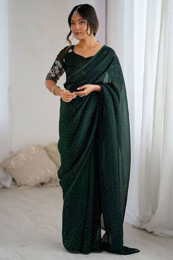 Green embellished beads and stones tissue saree