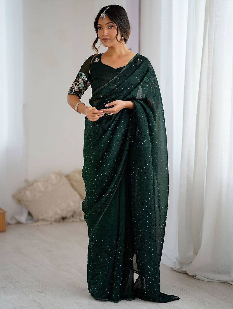 Green embellished beads and stones tissue saree