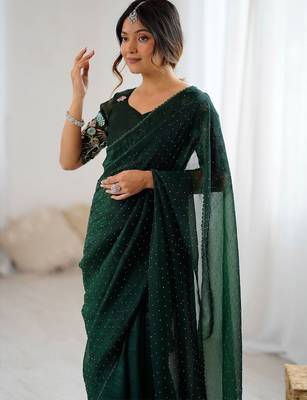 Green embellished beads and stones tissue saree 4