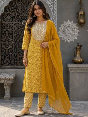 women ethnic motifs printed regular thread work  cotton kurta with trousers & with dupatta 1
