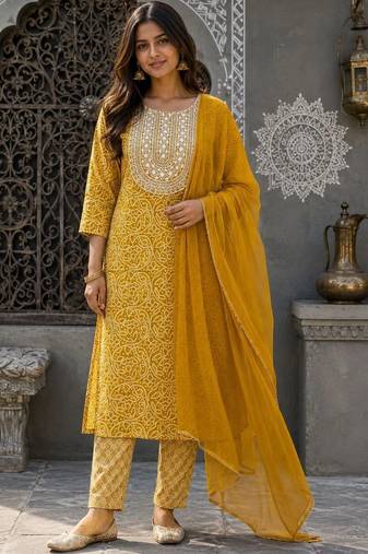 women ethnic motifs printed regular thread work  cotton kurta with trousers & with dupatta