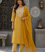 women ethnic motifs printed regular thread work  cotton kurta with trousers & with dupatta