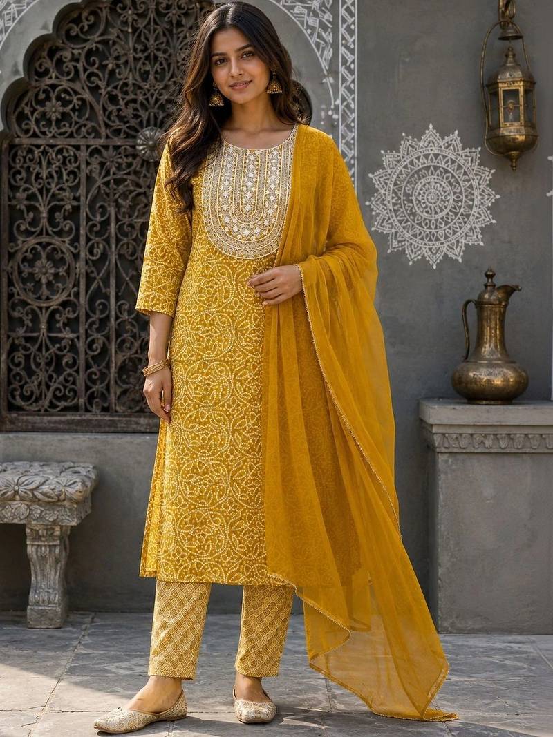 women ethnic motifs printed regular thread work  cotton kurta with trousers & with dupatta