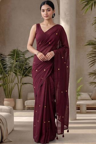 Maroon sequinned  cotton designer khadi saree