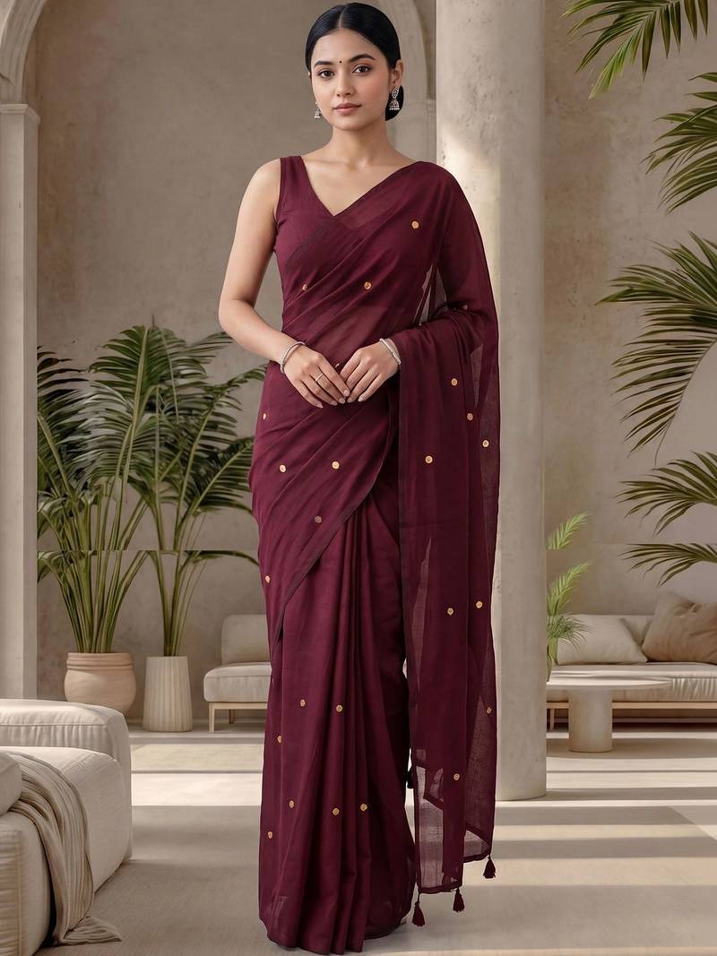 Maroon sequinned  cotton designer khadi saree