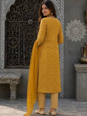women ethnic motifs printed regular thread work  cotton kurta with trousers & with dupatta 2