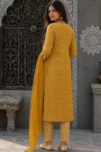 women ethnic motifs printed regular thread work  cotton kurta with trousers & with dupatta
