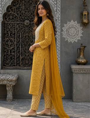 women ethnic motifs printed regular thread work  cotton kurta with trousers & with dupatta 3
