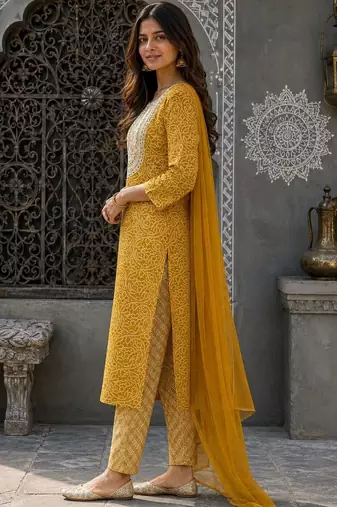 women ethnic motifs printed regular thread work  cotton kurta with trousers & with dupatta