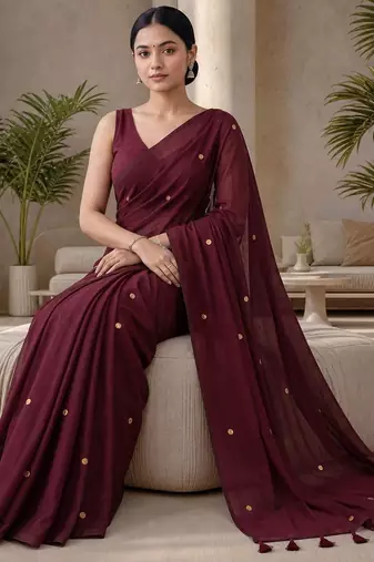 Maroon sequinned  cotton designer khadi saree