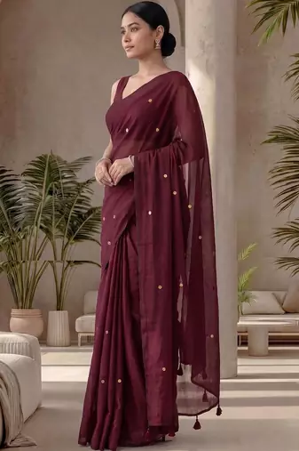Maroon sequinned  cotton designer khadi saree