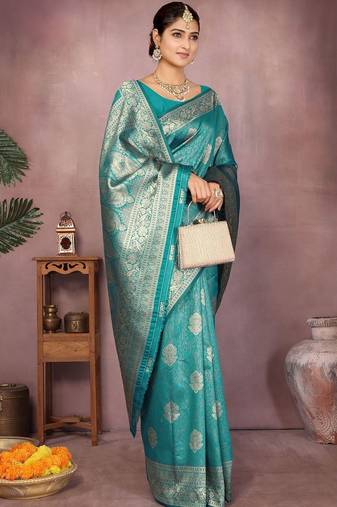 Teal ethnic motifs zari art silk heavy work saree