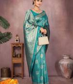 Teal ethnic motifs zari art silk heavy work saree