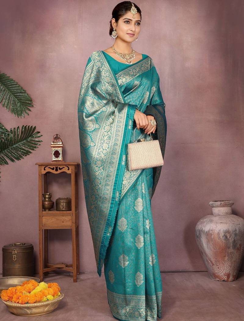 Teal ethnic motifs zari art silk heavy work saree