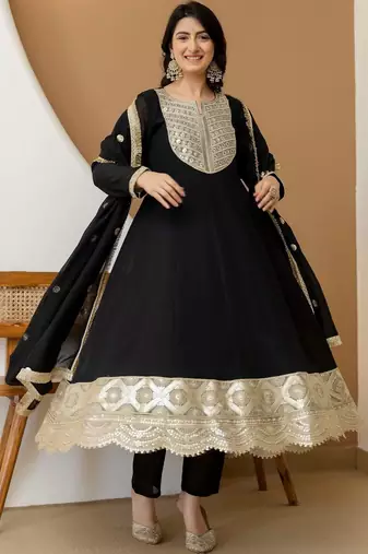 women ethnic motifs embroidered regular sequinned silk chiffon kurta with trousers & with