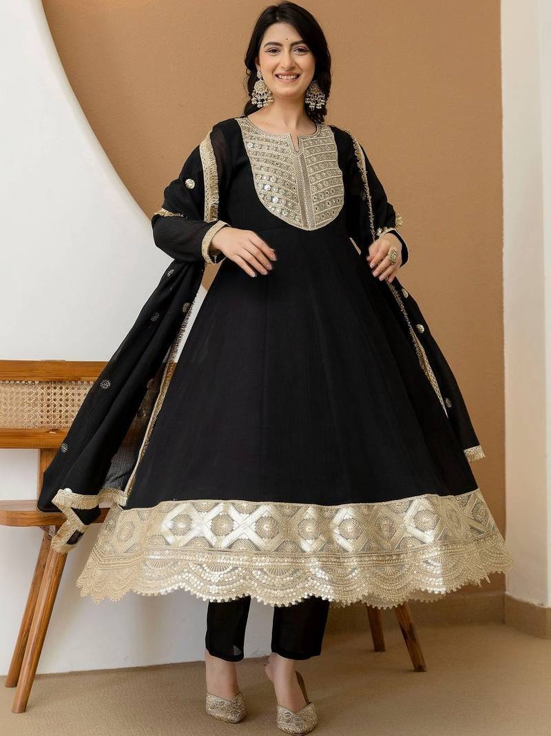 women ethnic motifs embroidered regular sequinned silk chiffon kurta with trousers & with