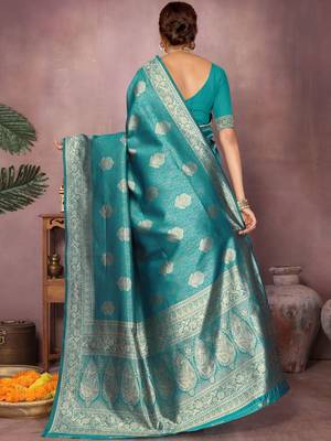 Teal ethnic motifs zari art silk heavy work saree 2