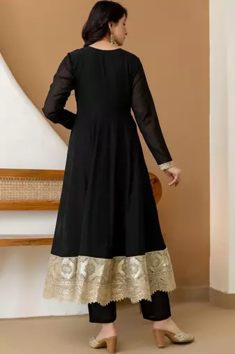 women ethnic motifs embroidered regular sequinned silk chiffon kurta with trousers & with