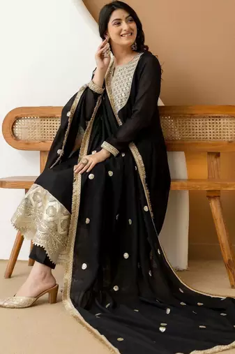 women ethnic motifs embroidered regular sequinned silk chiffon kurta with trousers & with