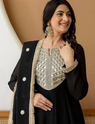 women ethnic motifs embroidered regular sequinned silk chiffon kurta with trousers & with 4