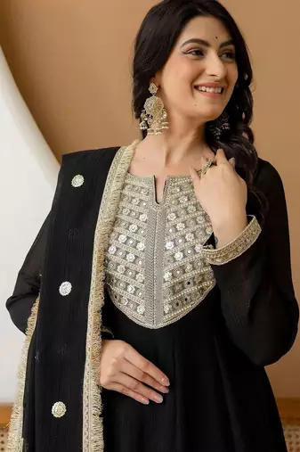women ethnic motifs embroidered regular sequinned silk chiffon kurta with trousers & with