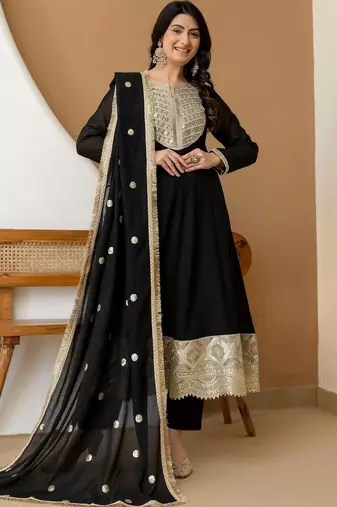 women ethnic motifs embroidered regular sequinned silk chiffon kurta with trousers & with