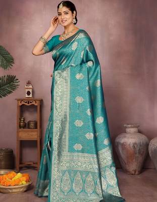 Teal ethnic motifs zari art silk heavy work saree 3