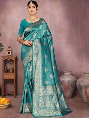 Teal ethnic motifs zari art silk heavy work saree 4