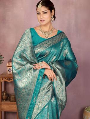 Teal ethnic motifs zari art silk heavy work saree 5