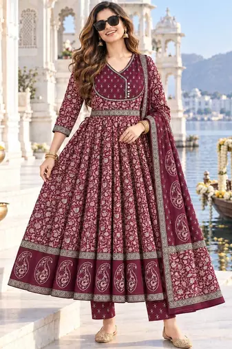 women ethnic motifs printed empire gotta patti  cotton kurta with trousers & with dupatta